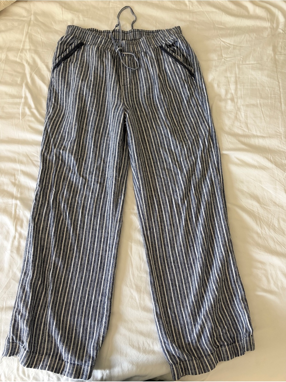 Blue and White Striped Linen Drawstring Pants